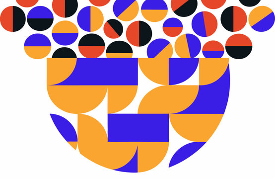 Abstract geometric composition featuring colorful circles and semicircles arranged in a modern pattern