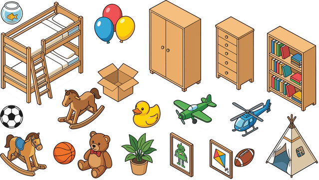  kids bedroom furniture and wooden toys vector set with bunk beds wardrobe bookcase teepee tent and teddy bear elements