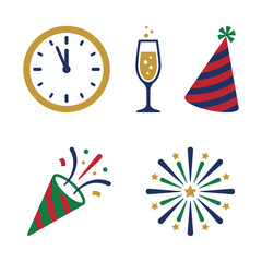 Obraz premium Set of colorful flat icons representing a festive new year celebration
