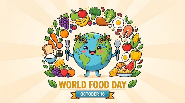 World food day illustration with cute earth character surrounded by various healthy food items