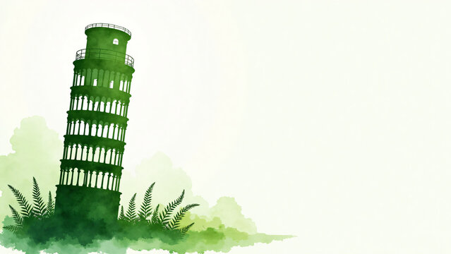 Watercolor silhouette of Leaning Tower of Pisa with botanical green accents and soft natural lighting