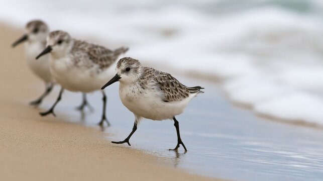 The Sandpipers on the Beach Walking Along the Gentle Shoreline by the Ocean