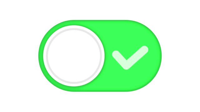 Animated toggle switch with checkmark and cross icon turning on and off. User interface element for accept reject or enable disable settings in app design.