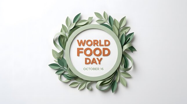 World food day paper art style illustration with green leaves wreath isolated on white background
