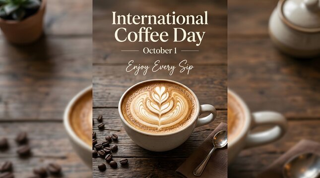 International coffee day poster with a cup of latte art coffee, coffee beans, and a spoon on a rustic wooden table