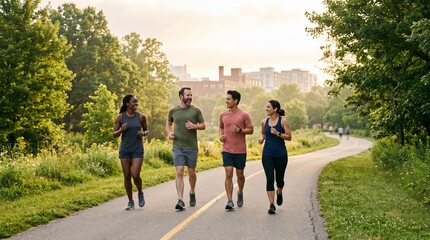 Fototapeta premium Recreational runners on a green urban trail at sunrise