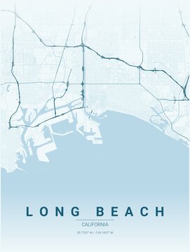 Modern Long Beach City Map Poster Design, Ocean Style Urban Street Grid Cartography