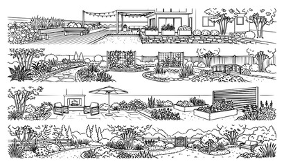 Fototapeta premium Modern Backyard Garden Landscape Illustration Featuring Water Features Seating Areas and Botanical Design Elements