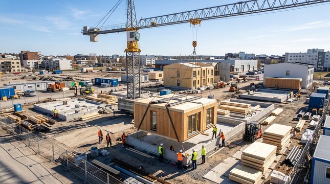 Crane Lifts Timber Modules for Affordable Housing Construction