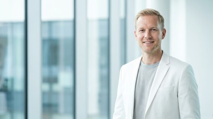 Fototapeta premium A confident man in a white blazer stands smiling with large windows behind him in a bright office.