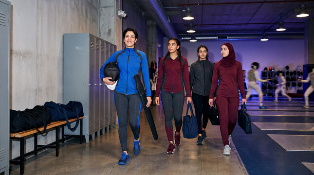 North African fencing team arrives at club for evening practice