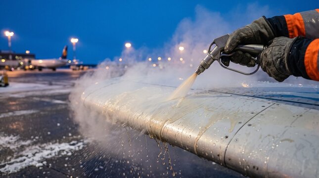 Close view of deicing spray coating a passenger jet wing at dawn