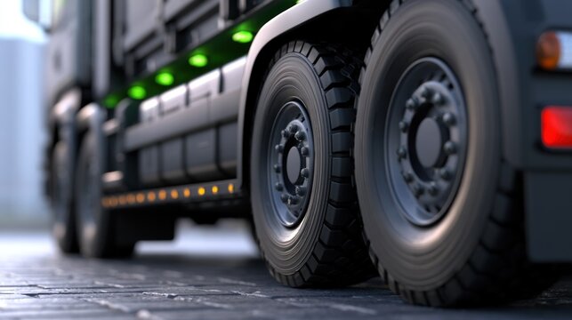 Close-up of a large vehicle's wheels on a paved road, with green and orange lights underneath