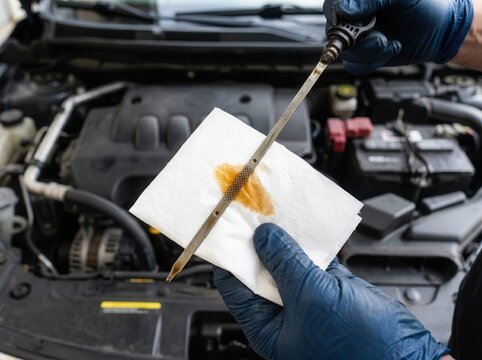 Mechanic performing a routine oil level check using a dipstick