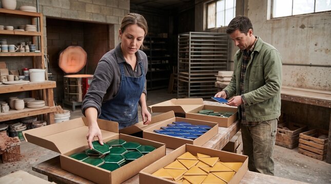 Artisans sort finished geometric tiles for export packing