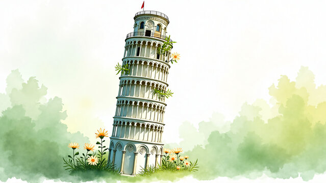 Green Tower in Bloom Watercolor Illustration of Leaning Tower with Floral Accents and Serene Garden Background