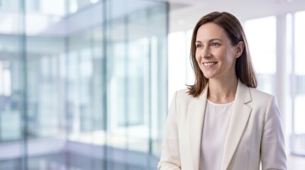 Fototapeta premium Confident woman in a white blazer smiles in a bright, modern office space.