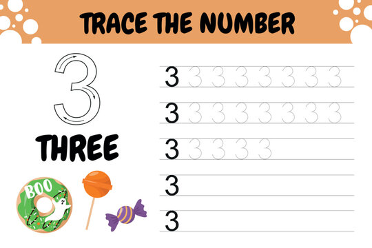 Educational number 3 tracing worksheet featuring Halloween candy and sweet treats to help preschool and kindergarten children practice number recognition and handwriting skills