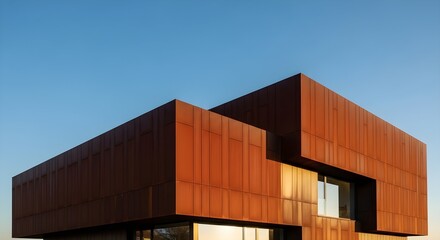 Fototapeta premium Low angle shot of a contemporary cubic building featuring rust-brown corten steel facade panels against a clear blue sky during golden hour.