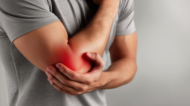 Man holding a painful elbow with highlighted inflammation. Elbow injury, tendonitis, sports trauma, orthopedic treatment, rehabilitation and healthcare concept.