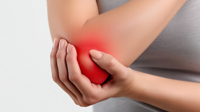 Close-up of a woman holding a painful elbow with highlighted inflammation. Arthritis, tendon injury, rehabilitation, orthopedic care and healthcare concept.