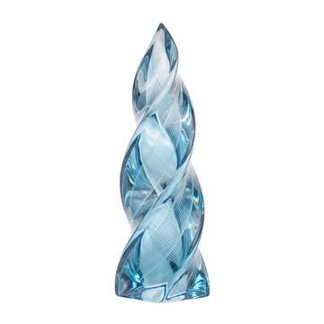 Stylized twisted helical celestite glass crystal tower in translucent sea blue isolated on transparent background as an artistic design element
