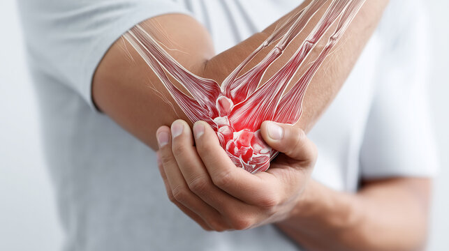 Close-up of a painful wrist with anatomical muscle overlay. Wrist injury, tendon inflammation, carpal tunnel syndrome, rehabilitation and orthopedic healthcare concept.