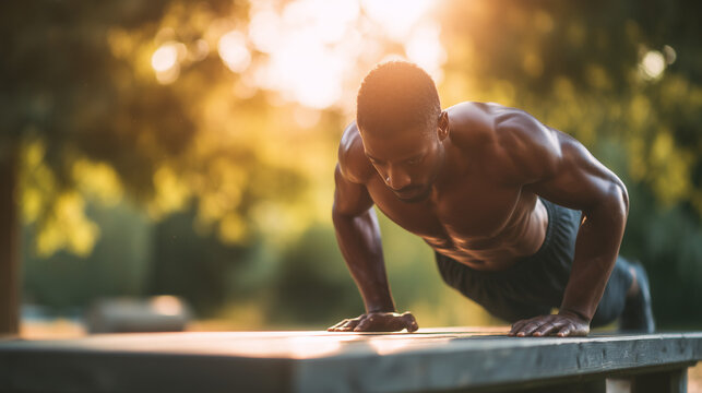Strong athletic man performing push-ups outdoors during sunrise. Functional fitness, bodyweight training, strength, endurance and healthy lifestyle concept.