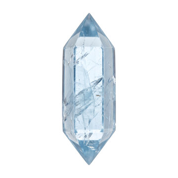 Double terminated natural celestite crystal tower spindle in translucent cerulean blue isolated on transparent background as an isolated mineral element