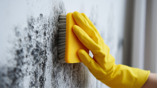 Hand in protective rubber glove scrubbing mold from a wall with a cleaning brush. Mold removal, home sanitation, deep cleaning, household maintenance and hygiene concept.