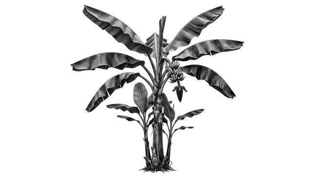 Vintage banana tree illustration, black and white tropical palm plant, botanical sketch of exotic fruit tree isolated on white background
