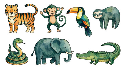 Obraz premium Comprehensive Bundle of Watercolor Vector Illustrations Featuring Exotic Jungle Animals Wildlife Creatures and Tropical Botanical Elements for Creative Graphic Design and Digital Clip Art