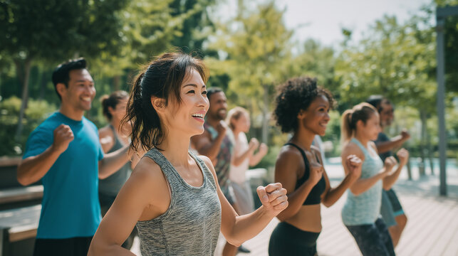 Diverse group of people enjoying outdoor fitness workout in sunny park. Active lifestyle, wellness, community exercise and healthy living concept.
