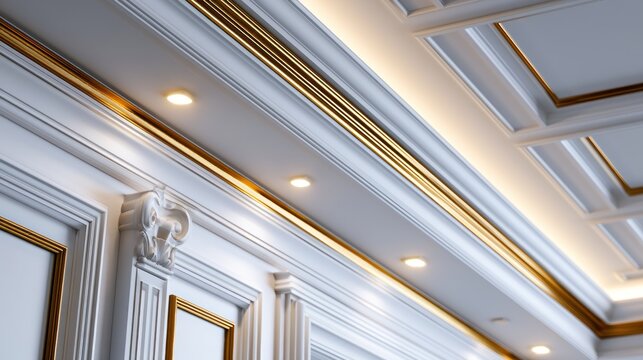 Elegant ceiling with intricate molding, recessed lights, and gold accents in a sophisticated interior