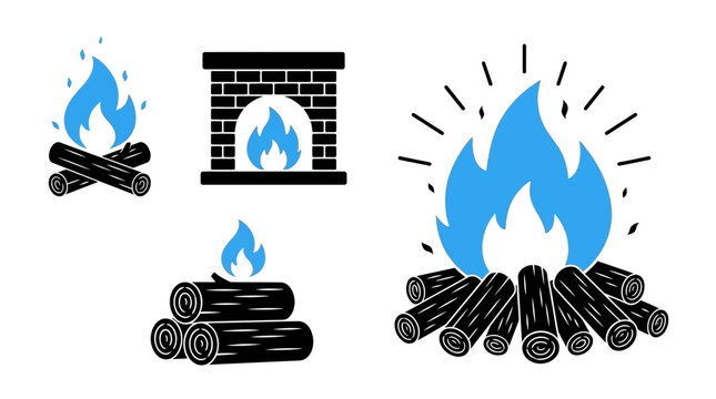 Minimalist campfire vector icon depicting a roaring bonfire with burning wooden logs, stylized fireplace symbol for outdoor camping adventures, isolated wood fire illustration for logotype design