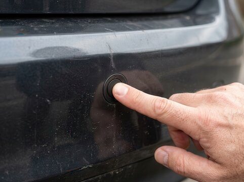Finger pressing an automotive parking proximity sensor on a dark vehicle bumper