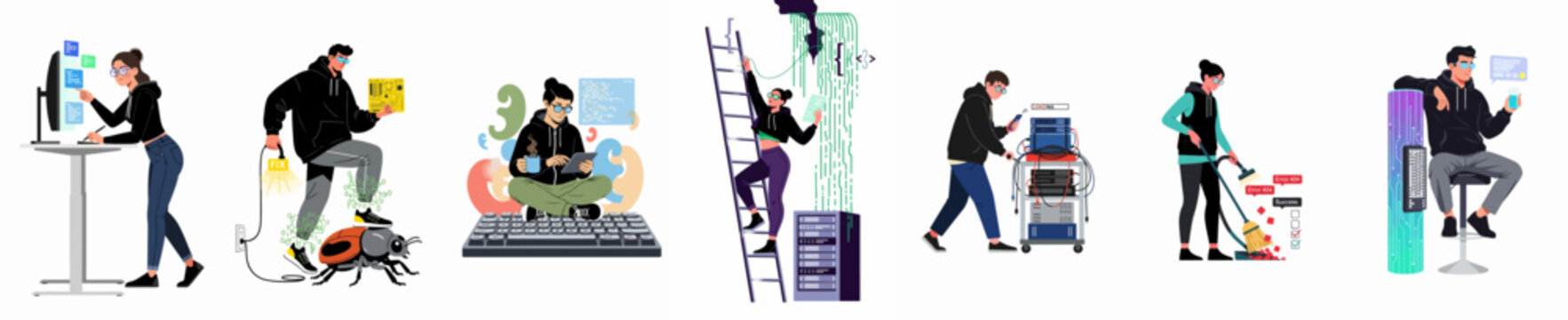 Set of vector illustrations depicting software developers, programmers, and IT specialists troubleshooting bugs, managing servers, and coding in a modern tech environment.
