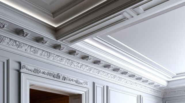 Elegant ceiling with intricate molding and recessed lighting in a sophisticated interior setting