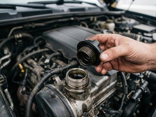 Fototapeta premium Automotive technician performing a routine oil check and engine maintenance in a workshop environment