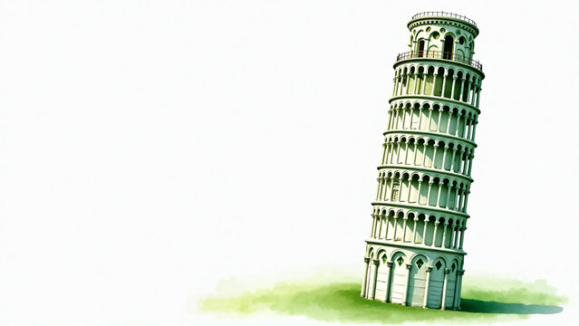 Green watercolor illustration of Leaning Tower of Pisa on white background with soft textures and clean composition