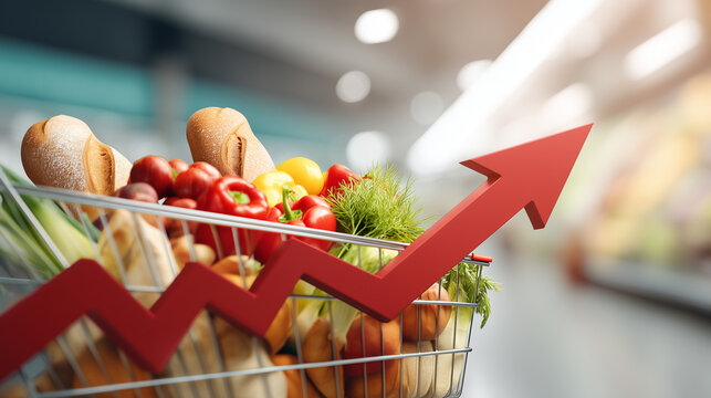 Close-up shopping cart with vegetables and bread alongside a rising arrow. Concept of increasing food prices, supermarket inflation, household expenses and consumer economy.