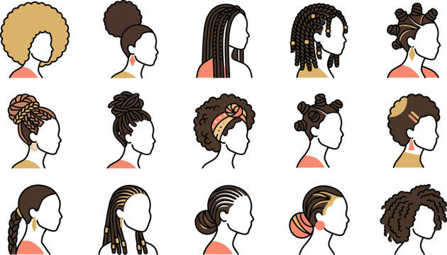 Set of diverse African American female hairstyles featuring braids and natural curls in a flat vector icon style