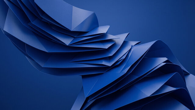 Abstract background featuring layered blue paper shapes with sharp geometric edges and soft shadows.
