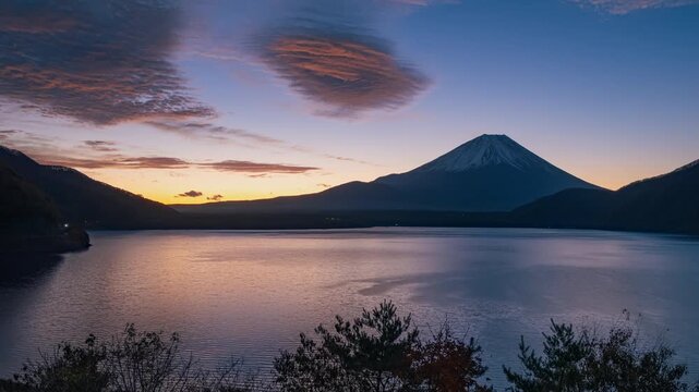 Timelapse sunrise over mountain Fuji, Motosu lake, Japan 