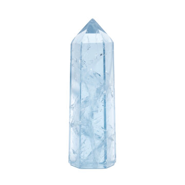 Raw pale blue celestite crystal tower obelisk with translucent facets and natural internal inclusions isolated on transparent background as a transparent design element