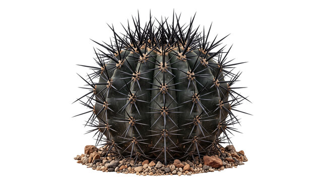 Dark barrel cactus with sharp black spines, exotic desert plant on volcanic rock soil, moody succulent botanical isolated on white background