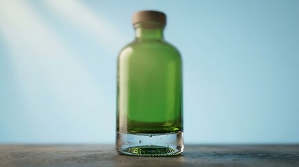 Obraz premium A Green Glass Bottle Filled With Small Green Bubbles On A Concrete Surface With A Blue Background And Light Rays