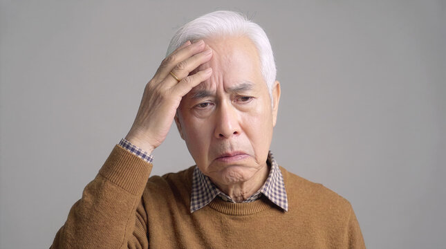 Upset and stressed senior Asian man suffering from headache and memory loss