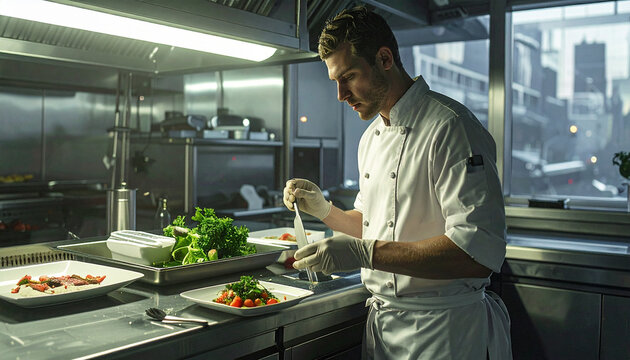 Professional chef plating salad in a commercial kitchen, reflecting culinary labor and meticulous food production for modern hospitality