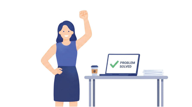 Businesswoman celebrating a successful problem solved at her desk with a laptop